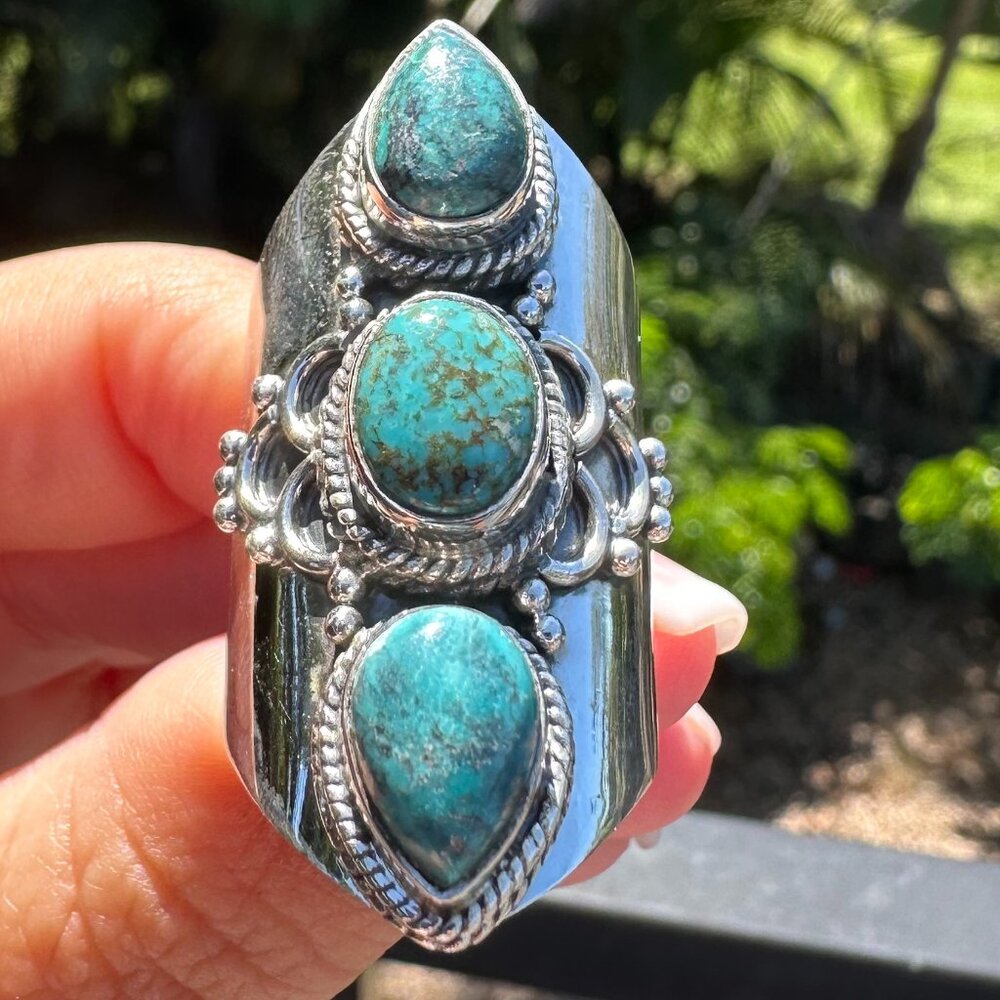 Turquoise 3 Stone Ring 925 Size 8.5